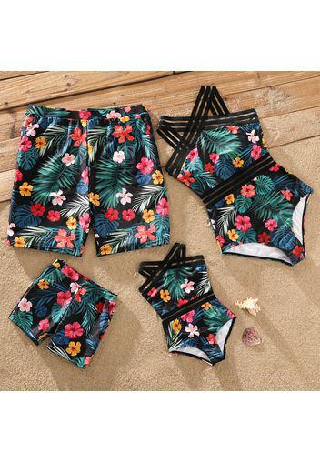 Family Matching Allover Tropical Plants Print Spliced Webbing One-Piece Swimsuit and Swim Trunks Shorts