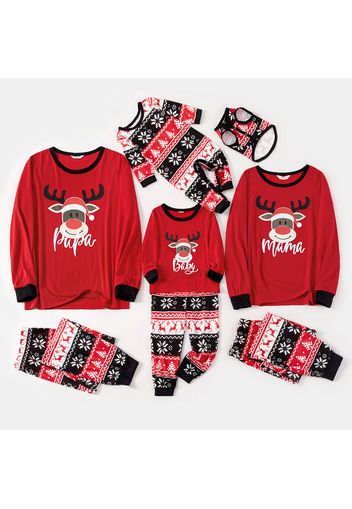 Family Matching Christmas Deer and Snowflake Print Red Long-sleeve Pajamas Sets (Flame Resistant)