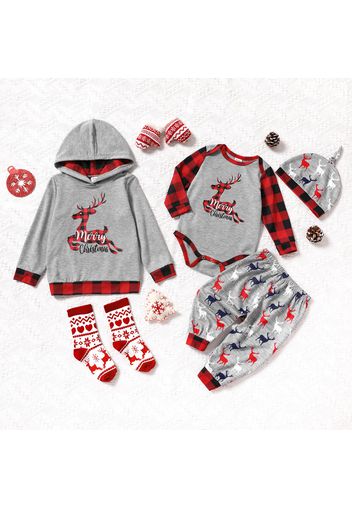 Christmas Reindeer Print Red Plaid Splicing Sibling Matching Long-sleeve Sets