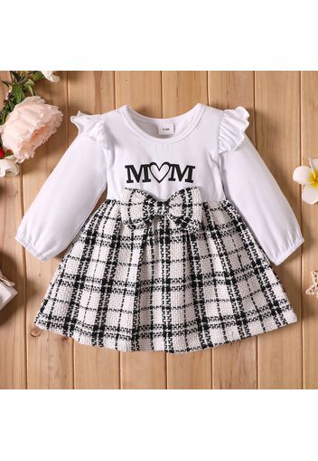 Baby Girl Letter Print White Long-sleeve Splicing Tweed Plaid Dress