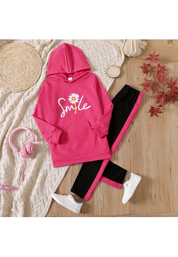 2-piece Kid Girl Letter Floral Print Hoodie Sweatshirt and Colorblock Pants Set