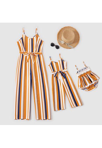 Stripe Print Color Block Sleeveless Matching Orange Sling Rompers Jumpsuits