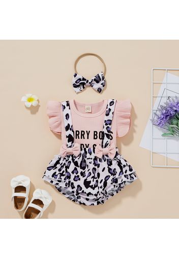 Ribbed 3pcs Leopard or Sunflower or Rainbow Print Flutter-sleeve Baby Set