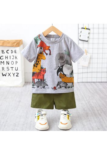 2pcs Toddler Boy Playful Animal Print Tee and Shorts Set