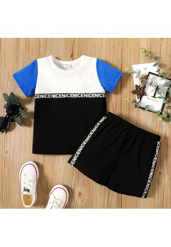 2-piece Toddler Boy Letter Print Colorblock Tee and Elasticized Black Shorts Set