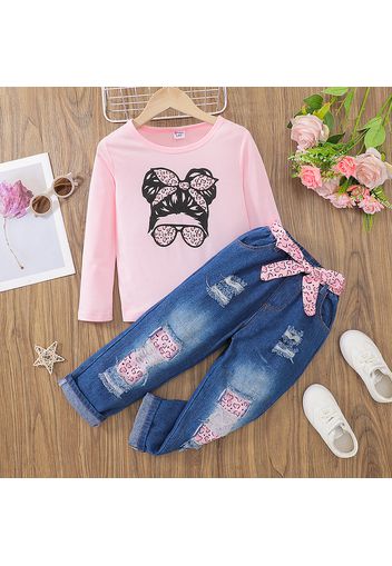 2pcs Kid Girl Figure Print Long-sleeve Pink Tee and Belted Ripped Denim Jeans Set