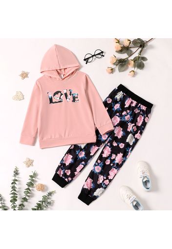 2-piece Kid Girl Letter Print Pink Hoodie Sweatshirt and Floral Print Pants Set