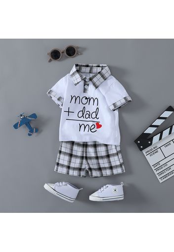 2pcs Baby Boy/Girl 95% Cotton Short-sleeve Letter Print Black and White Plaid Top with Shorts Set