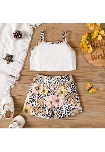 2pcs Baby Girl Eyelet Embroidered Camisole and Leopard & Floral Print Shorts Set