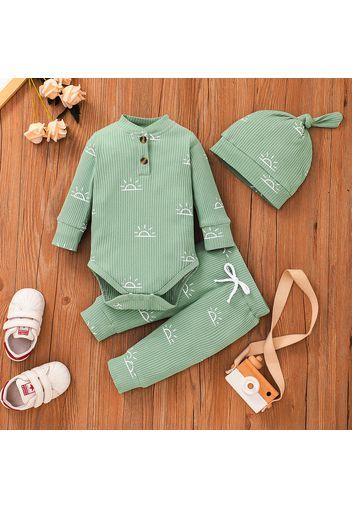 3-piece Baby Boy Sun Print Button Design Ribbed Long-sleeve Romper, Elasticized Pants and Cap Set