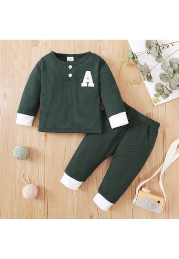 2pcs Baby Boy/Girl Letter Embroidered Waffle Long-sleeve Top and Trousers Set