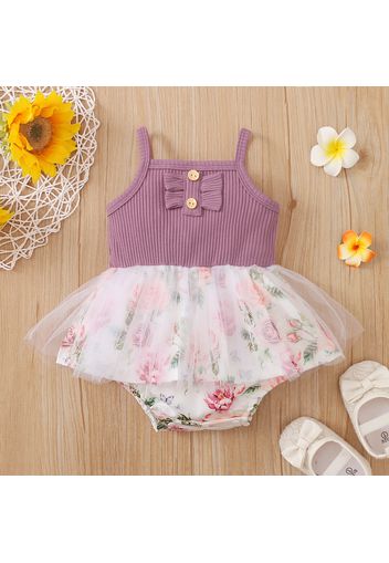 Baby Girl Solid Ribbed Splicing Sunflower Floral Print Spaghetti Strap Mesh Romper