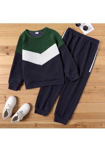 2-piece Kid Boy Colorblock Raglan Sleeve Pullover Sweatshirt and Pants Casual Set