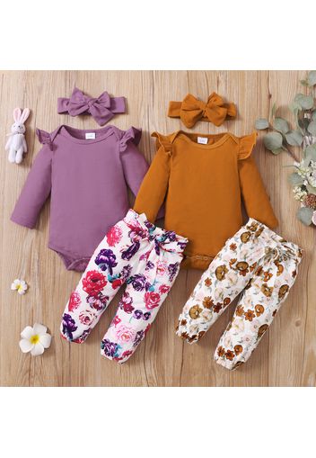 3pcs Baby Girl 95% Cotton Ruffle Long-sleeve Romper and Floral Print Pants with Headband Set