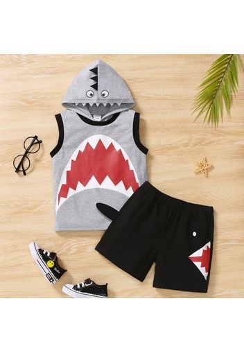 2pcs Toddler Boy Playful Shark Print Sleeveless Hooded Tee & Shorts Set