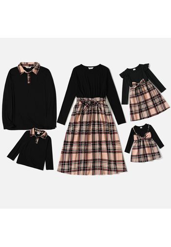 Family Matching Black Long-sleeve Splicing Plaid Dresses and Polo Shirts Sets