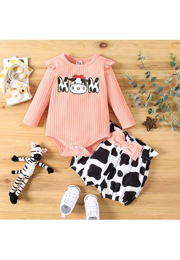 2pcs Baby Girl Letter and Cow Print Pink Ribbed Long-sleeve Romper and Bloomers Shorts Set