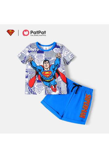 Justice League 2pcs Toddler Boy Colorblock Allover Print Short-sleeve Tee and Letter Print Cotton Shorts Set