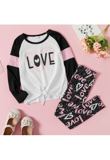 2-piece Kid Girl Letter Heart Print Tie Knot Raglan Sleeve Tee and Polka dots Leggings Set