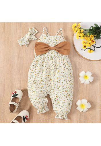 2pcs Baby Girl Bowknot Design Allover Floral Print Sleeveless Spaghetti Strap Jumpsuit with Headband Set