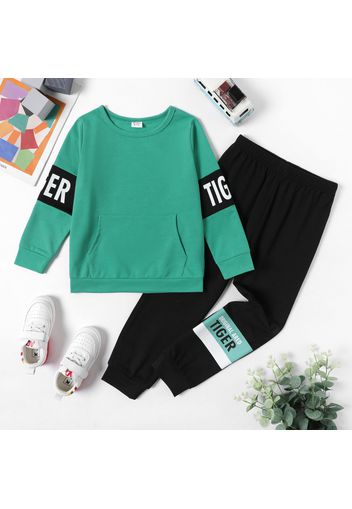 2-piece Kid Boy Letter Print Colorblock Pullover Sweatshirt and Black Pants Set