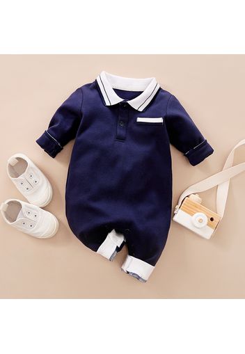 100% Cotton Solid Polo Collar Long-sleeve Baby Jumpsuit