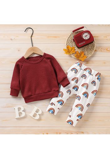 2pcs Rainbow Print Waffle Long-sleeve Ginger Baby Set