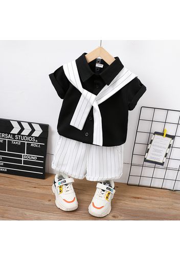 3pcs Toddler Boy Elegant Lapel Collar Shirt & Stripe Cape and Shorts Set