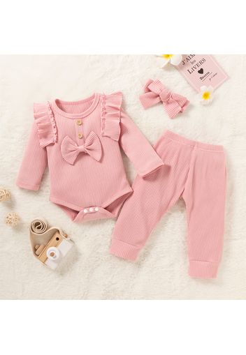 Baby 3pcs Cotton Solid Ribbed Long-sleeve Ruffle Bowknot Romper Set