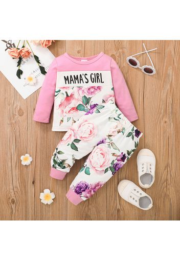 2pcs Baby Girl Letter and Floral Print Long-sleeve T-shirt and Trousers Set