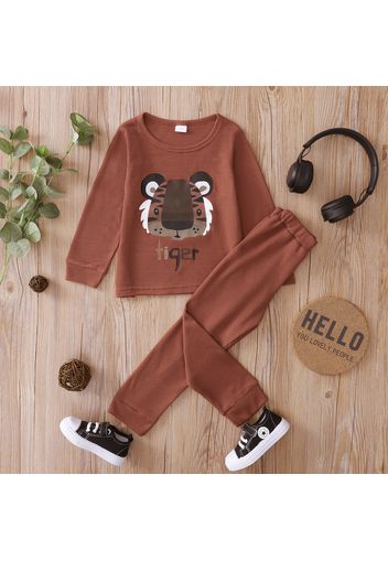 2-piece Toddler Boy/Girl Letter Animal Print Waffle Sweatshirt and Solid Color Pants Set