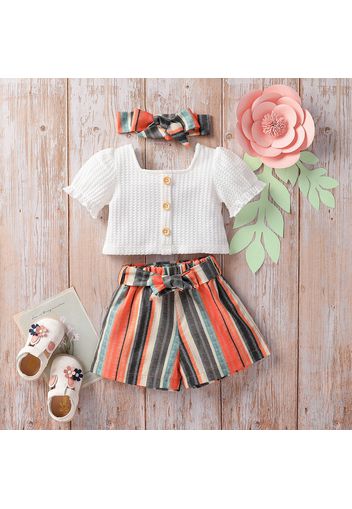 3pcs Baby Girl 100% Cotton Textured Puff-sleeve Button Up Top and Striped Belted Shorts with Headband Set