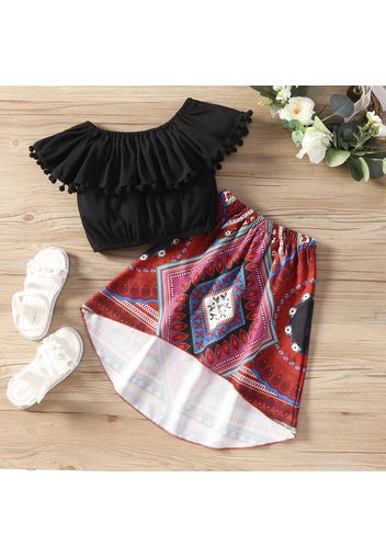 2pcs Toddler Girl Boho Flounce Pompom Design Black Tee and Exotic High Low Skirt Set