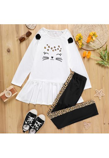 2-piece Kid Girl Cat Print Long-sleeve Ruffle Hem Top and Leopard Print Pants Set