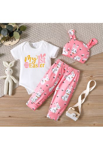 Easter 3pcs Baby Boy/Girl Letter Print Short-sleeve Romper and Cartoon Rabbit Print Pants with Hat Set