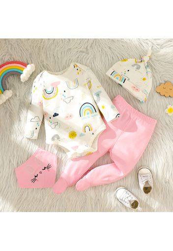 100% Cotton 4pcs Baby Girl Cartoon Print Long-sleeve Romper and Footed Pants Set