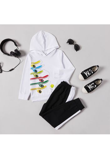 2-piece Kid Boy Skateboard Print Hoodie and Colorblock Pants Set