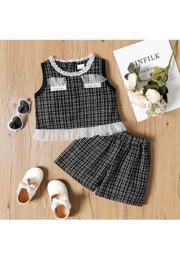 2pcs Toddler Girl Plaid Tweed Mesh Design Sleeveless Tee and Elasticized Shorts Set