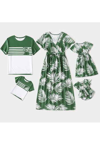 Family Matching All Over Palm Leaf Print Green V Neck Ruffle-sleeve Dresses and Striped Splicing Short-sleeve T-shirts Sets