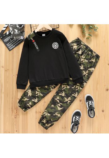 2pcs Kid Boy Letter Print Black Pullover Sweatshirt and Camouflage Print Pants Set