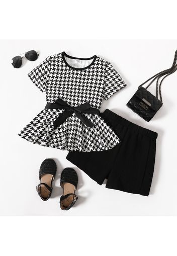 2pcs Kid Girl Houndstooth Belted Peplum Short-sleeve Tee and Black Shorts Set