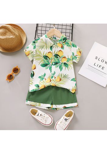 2pcs Toddler Boy Lapel Collar Fruit Lemon Print Short-sleeve Shirt and Elasticized Green Shorts Set