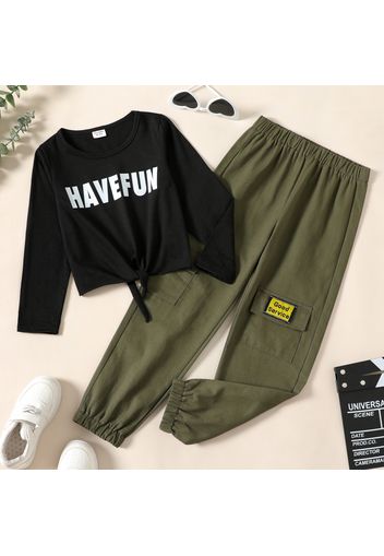 2-piece Kid Girl Letter Print Tie Knot Long-sleeve Tee and Cargo Pants Set