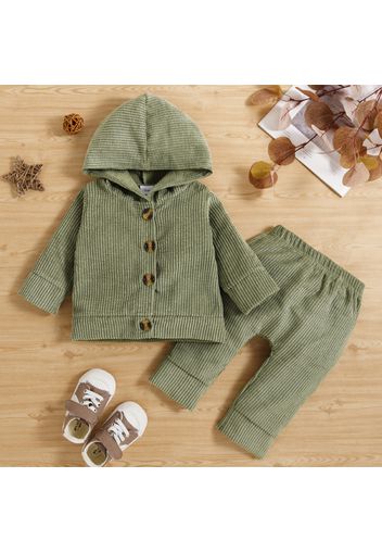 2pcs Baby Boy/Girl Solid Ribbed Button Down Long-sleeve Hoodie and Trousers Set