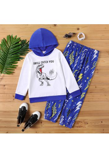 2-piece Kid Boy Letter Dinosaur Print Colorblock Hoodie Sweatshirt and Lightning Print Pants Set