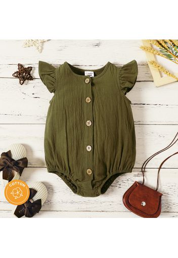 100% Cotton Baby Girl Solid Flutter-sleeve Button Up Romper