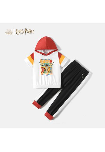 Harry Potter 2pcs Kid Girl Letter Print Colorblock Hooded Short-sleeve Tee and Elasticized Pants Set