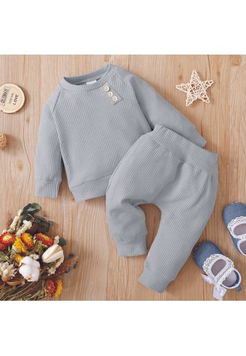 Baby 2pcs Solid Waffle Long-sleeve Sweatshirt and Trouser Set