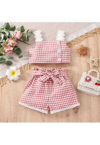 2pcs Baby Girl Pink Houndstooth Tweed Cami Crop Top and Tie Front Shorts Set