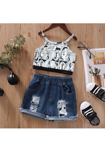 2pcs Toddler Girl Comic Print Halter Camisole and Ripped Denim Shorts Set